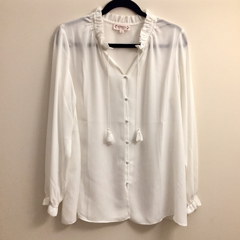 Nanette Lepore Off White Long Sleeves High Pleated Neck Flowy Blouse Size US M